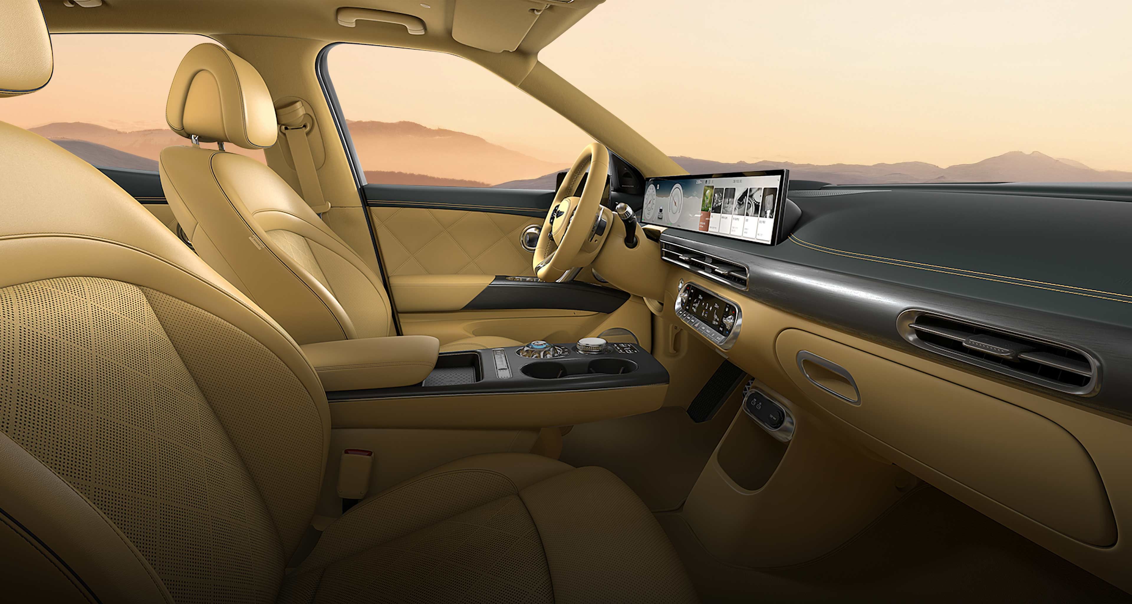 The interior of the GV60, featuring an Fine Grove Green/Gold Coast Yellow Two Tone color.