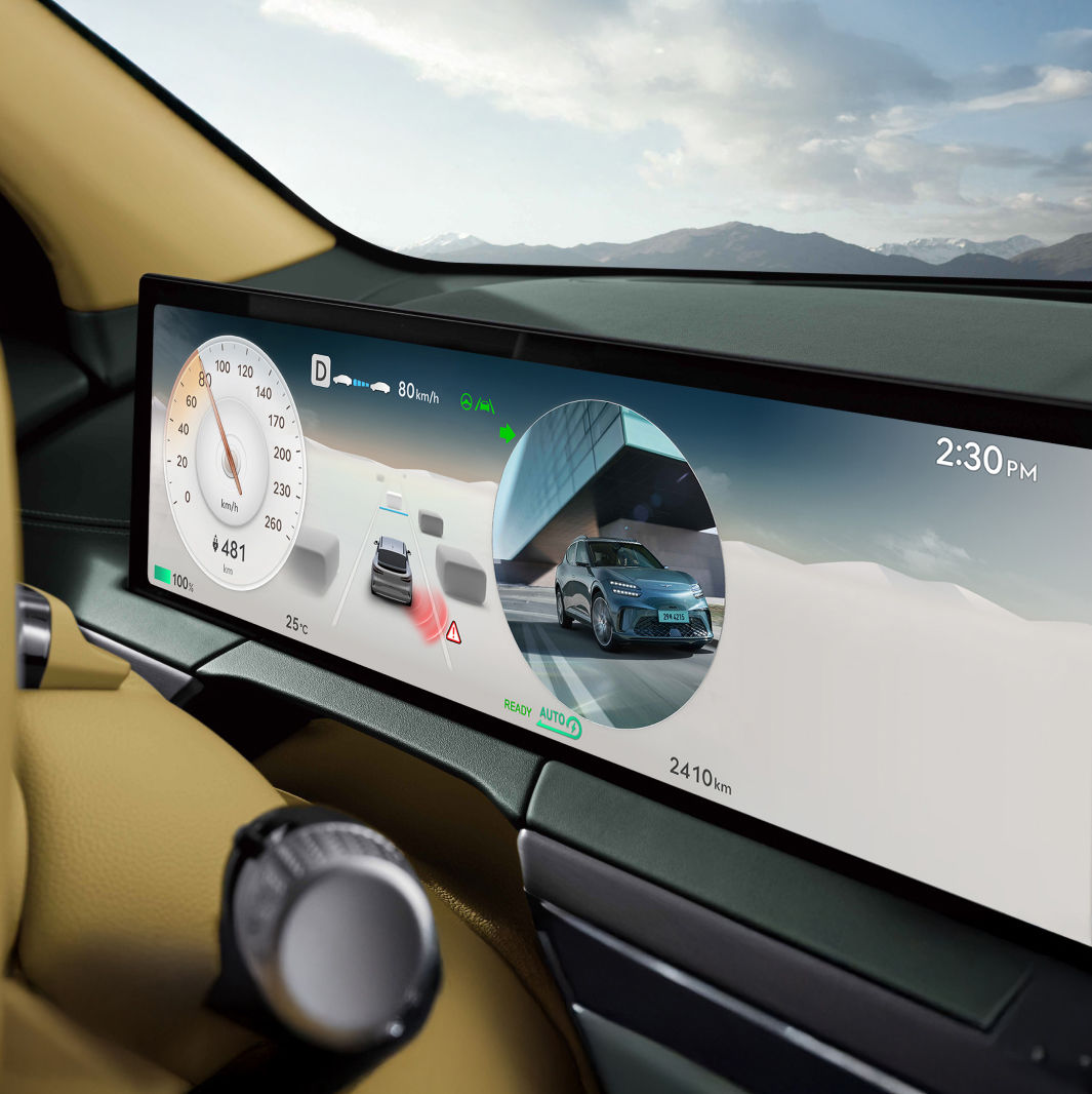 The rear and side images of the vehicle are displayed in a cluster on the front seat display screen.