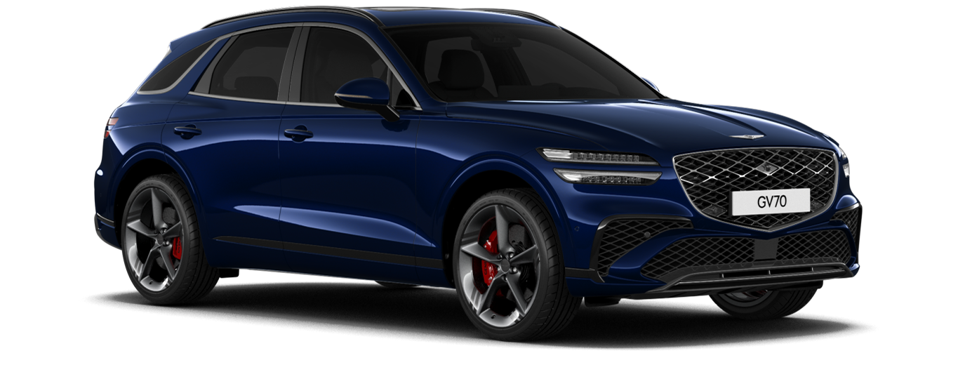 GV70 sport model in Glossy Capri Blue color.
