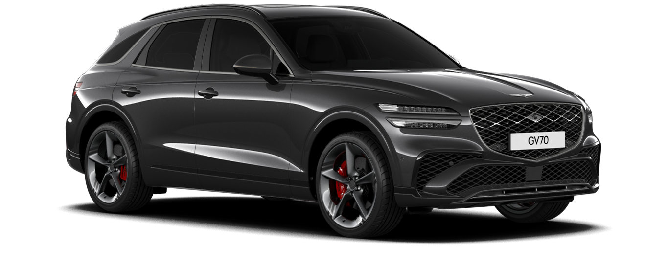 GV70 sport model in Glossy Makalu Gray color.