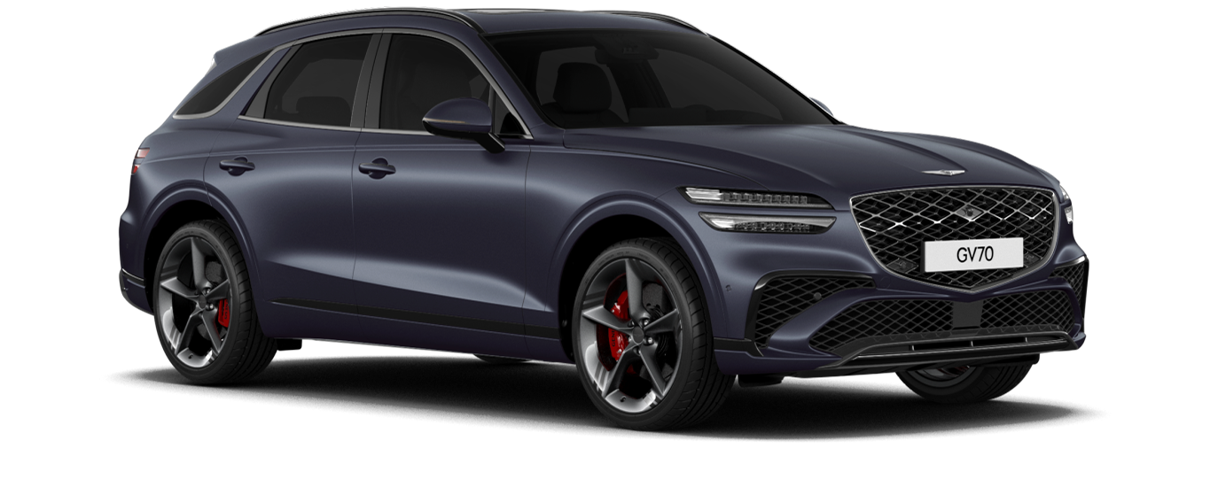 GV70 sport model in Matte Ceres Blue color.GV70 sport model in Matte Ceres Blue color.