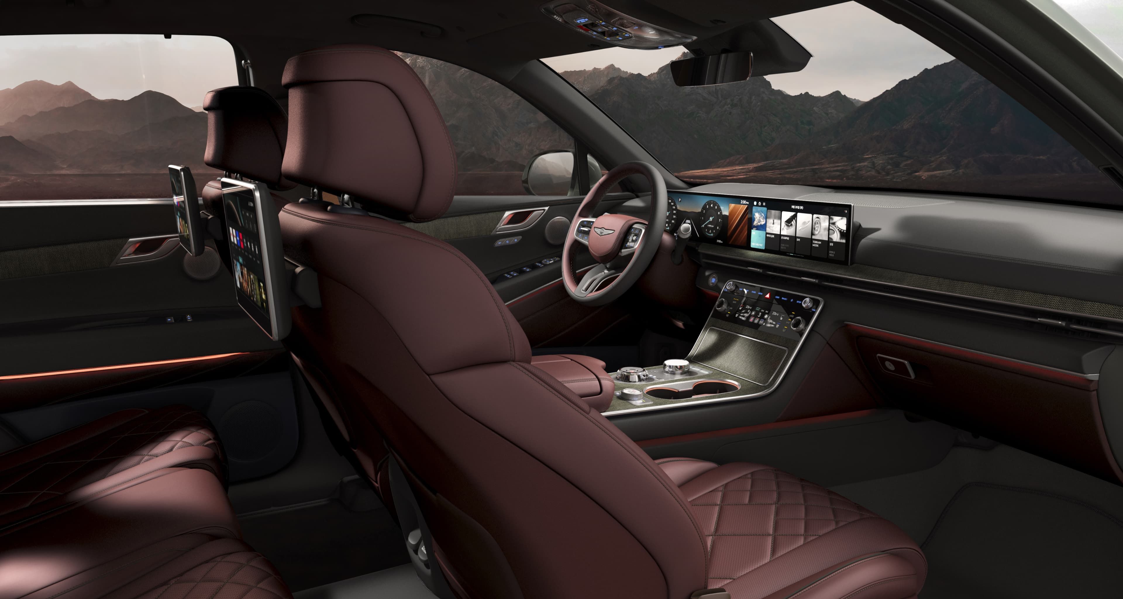 GV80's Slate Gray/Bordeaux Brown Two-tone interior seen from the passenger side.