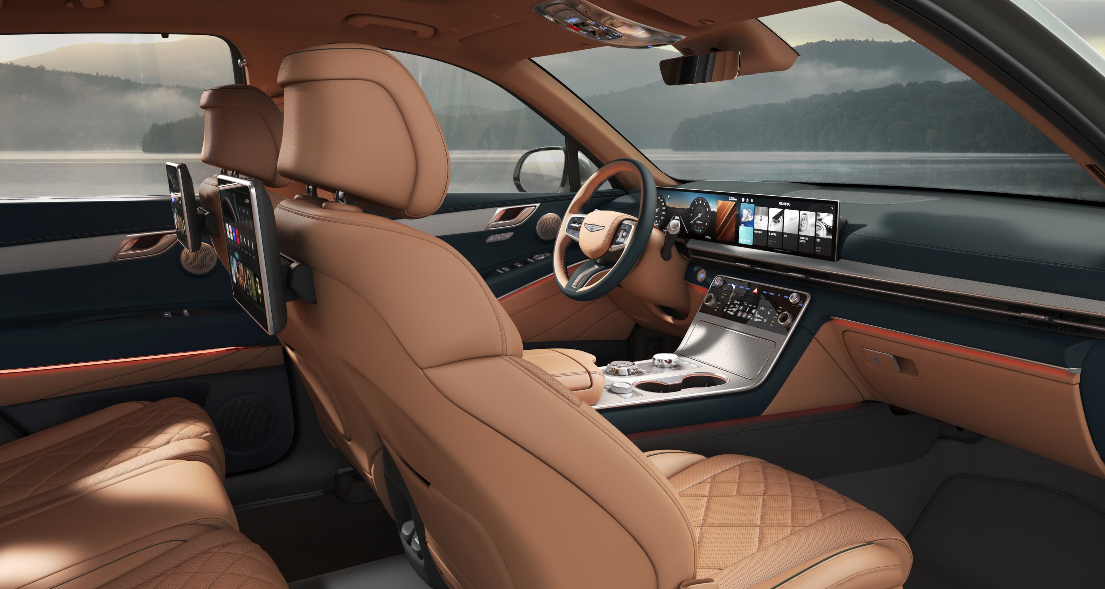 GV80's Smoky Green/Earth Brown Two-tone interior seen from the passenger side.