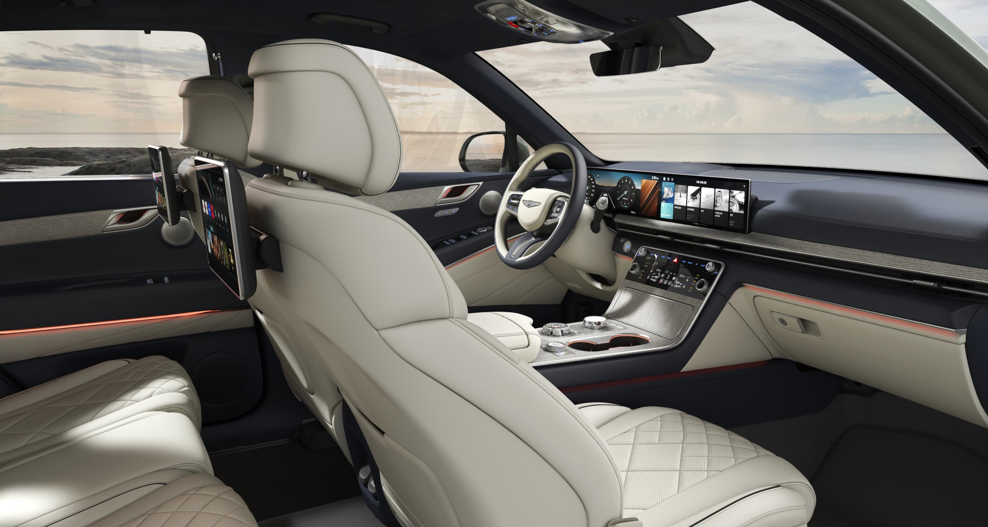 GV80's Ultramarine Blue/Glacier White Two-tone interior seen from the passenger side.